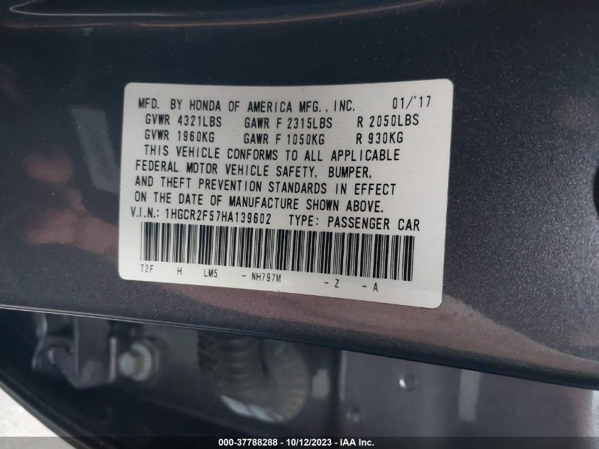 2017 HONDA ACCORD SEDAN SPORT - 1HGCR2F57HA139602