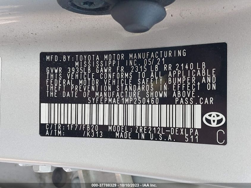 5YFEPMAE1MP250460 Toyota Corolla LE 9