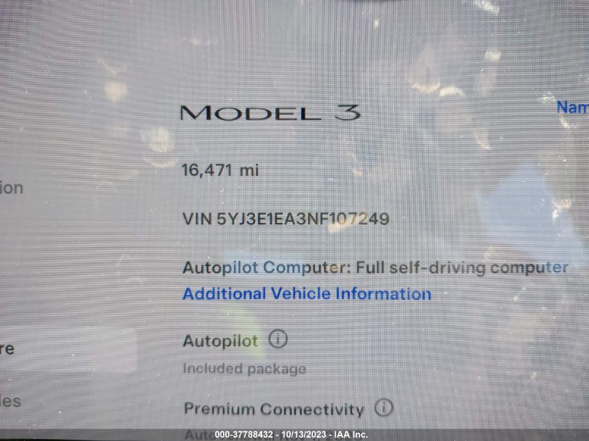 2022 TESLA MODEL 3 - 5YJ3E1EA3NF107249