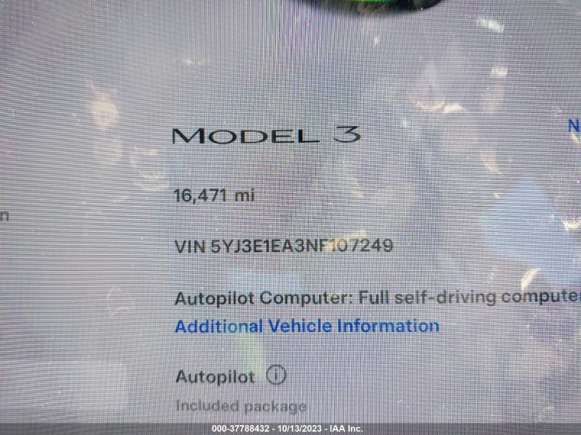 2022 TESLA MODEL 3 - 5YJ3E1EA3NF107249