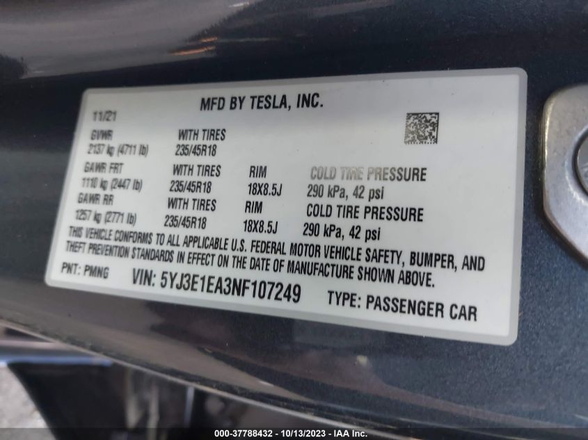 2022 TESLA MODEL 3 - 5YJ3E1EA3NF107249