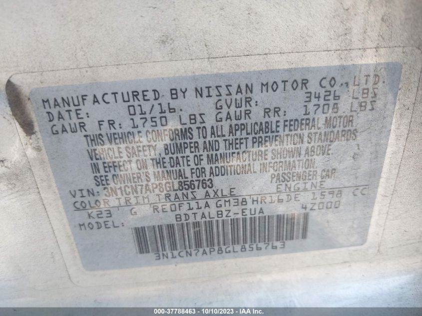 2016 NISSAN VERSA S/S PLUS/SV/SL - 3N1CN7AP8GL856763