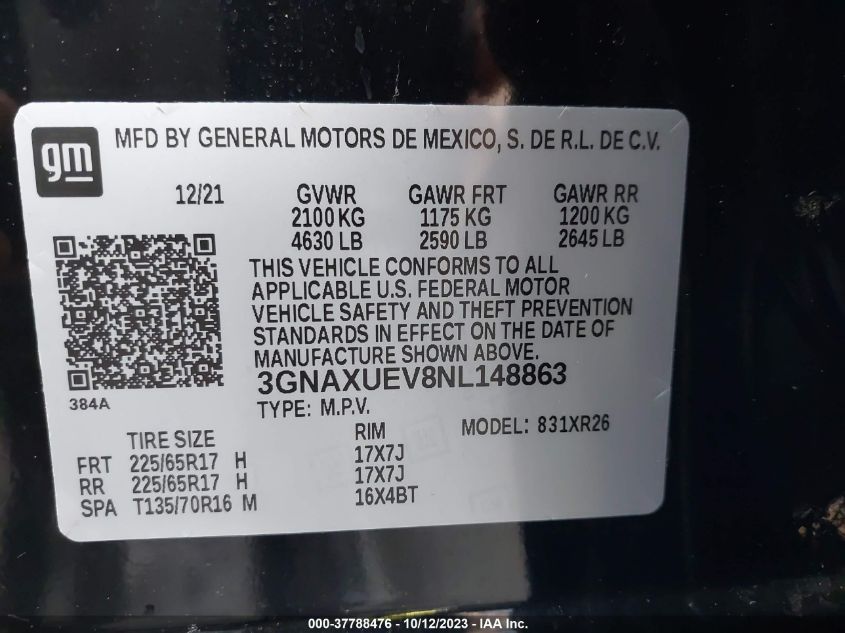 2022 CHEVROLET EQUINOX LT - 3GNAXUEV8NL148863