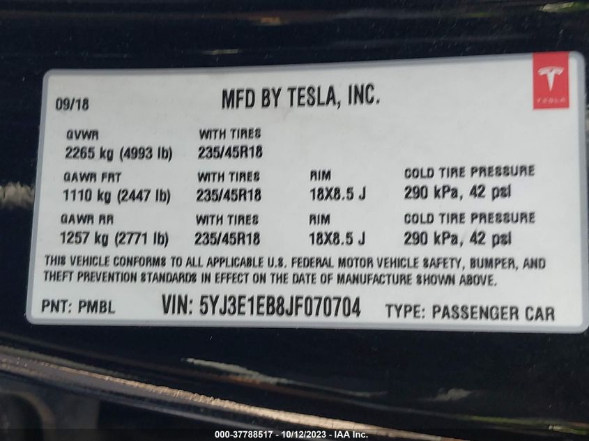 2018 TESLA MODEL 3 LONG RANGE - 5YJ3E1EB8JF070704
