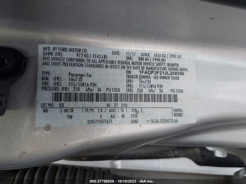 2018 FORD FOCUS SE - 1FADP3F21JL208580