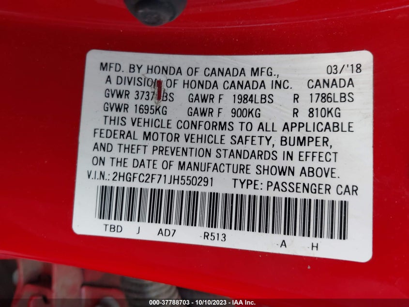 VIN 2HGFC2F71JH550291 2018 HONDA CIVIC SEDAN EX
