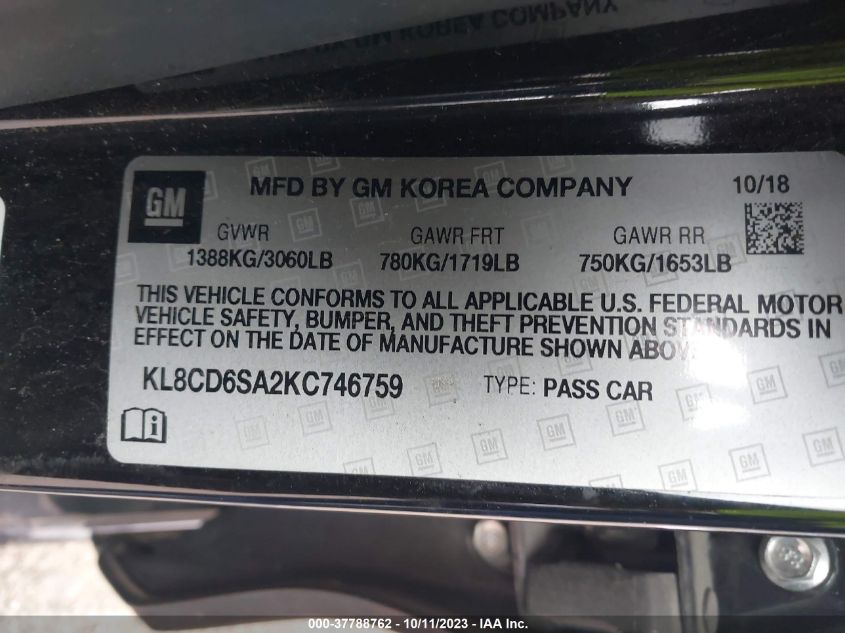 2019 CHEVROLET SPARK LT - KL8CD6SA2KC746759