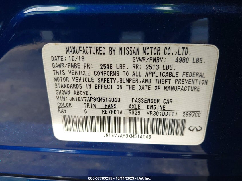 VIN JN1EV7AP9KM514049 2019 INFINITI Q50 3.0T SPORT