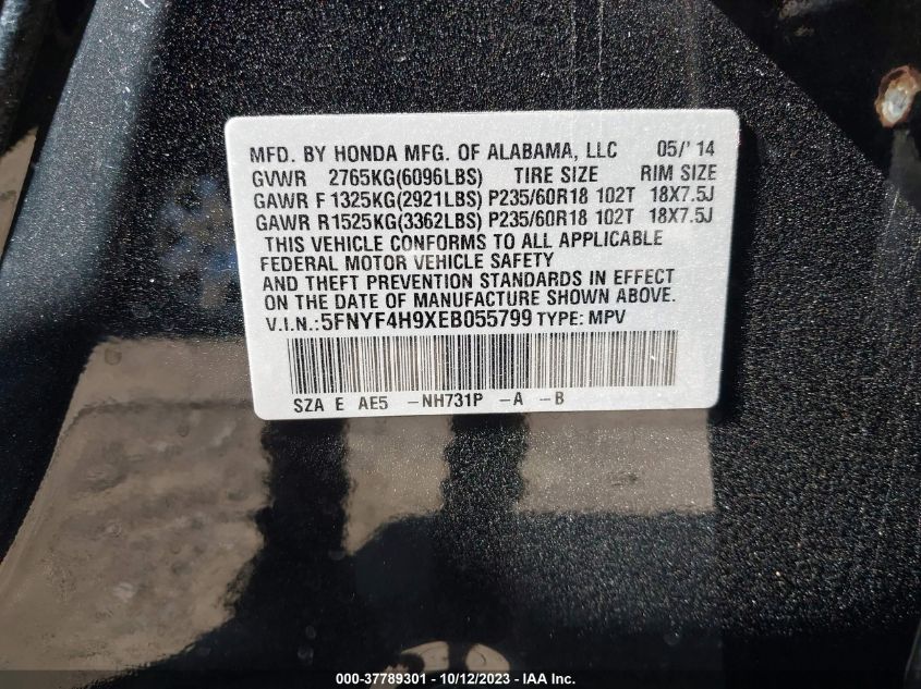 2014 HONDA PILOT TOURING - 5FNYF4H9XEB055799