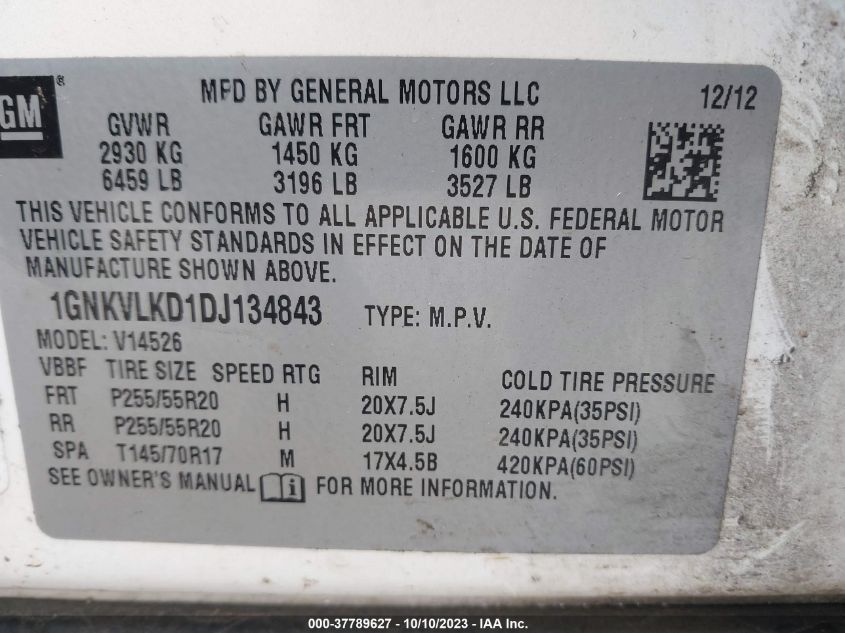 2013 CHEVROLET TRAVERSE LTZ - 1GNKVLKD1DJ134843
