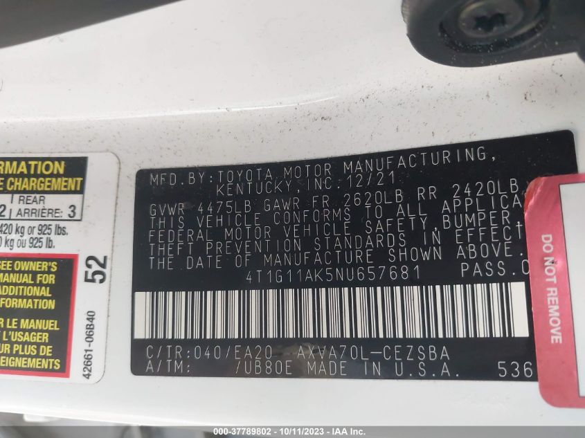 2022 TOYOTA CAMRY SE - 4T1G11AK5NU657681