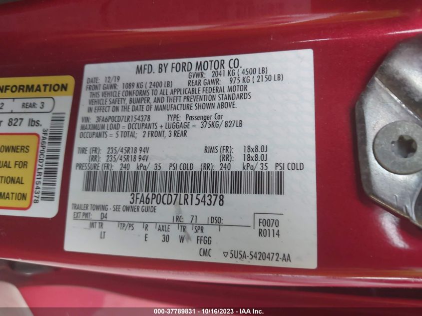 2020 FORD FUSION SEL - 3FA6P0CD7LR154378