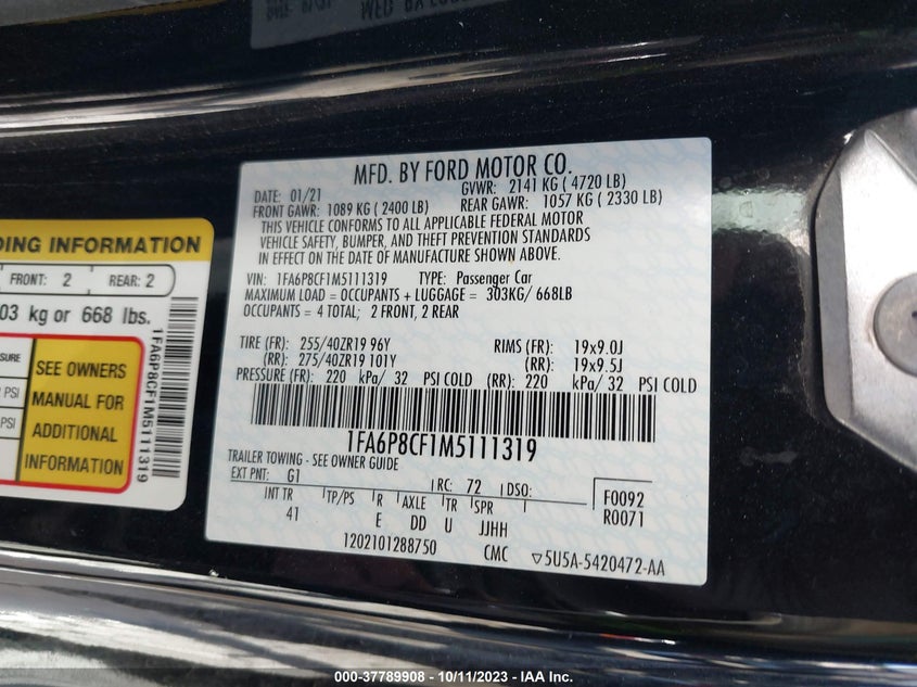 VIN 1FA6P8CF1M5111319 2021 FORD MUSTANG GT