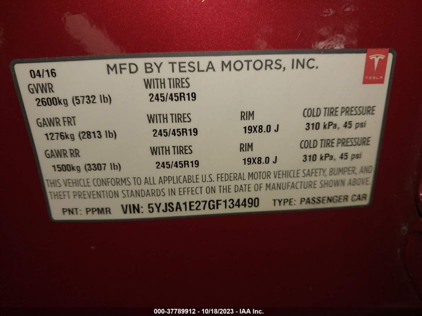2016 TESLA MODEL S 90D/70D/75D/60D/85D - 5YJSA1E27GF134490