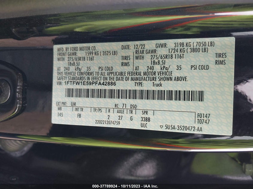 VIN 1FTFW1E59PFA42886 2023 FORD F-150 XL/XLT/LARIAT