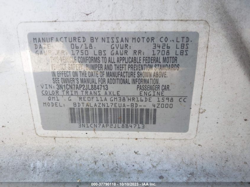 2018 NISSAN VERSA 1.6 S+ - 3N1CN7AP2JL884713