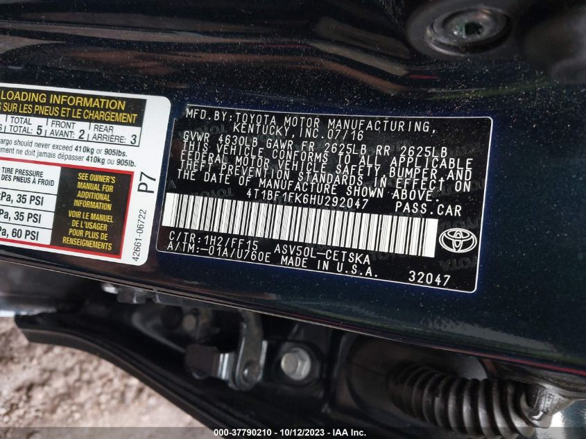 2017 TOYOTA CAMRY LE/XLE/SE/XSE - 4T1BF1FK6HU292047