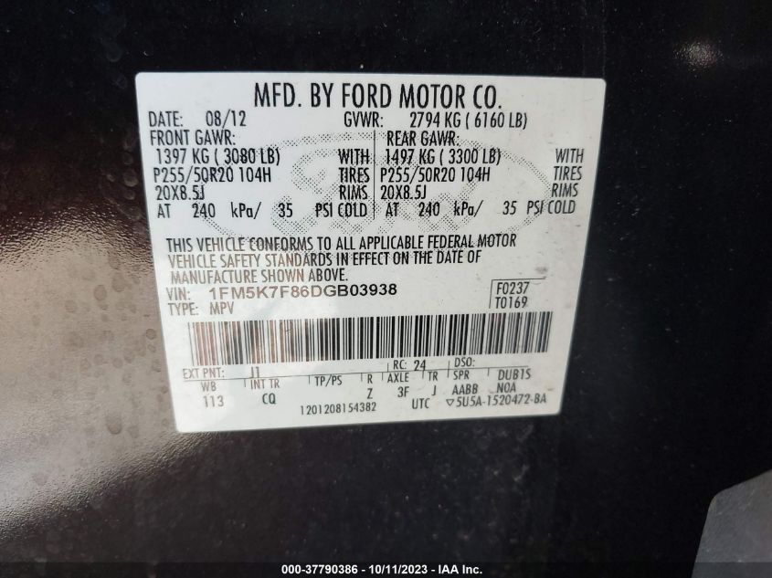 2013 FORD EXPLORER LIMITED - 1FM5K7F86DGB03938
