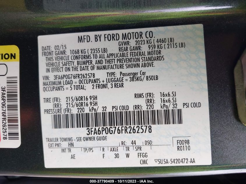 2015 FORD FUSION S - 3FA6P0G76FR262578