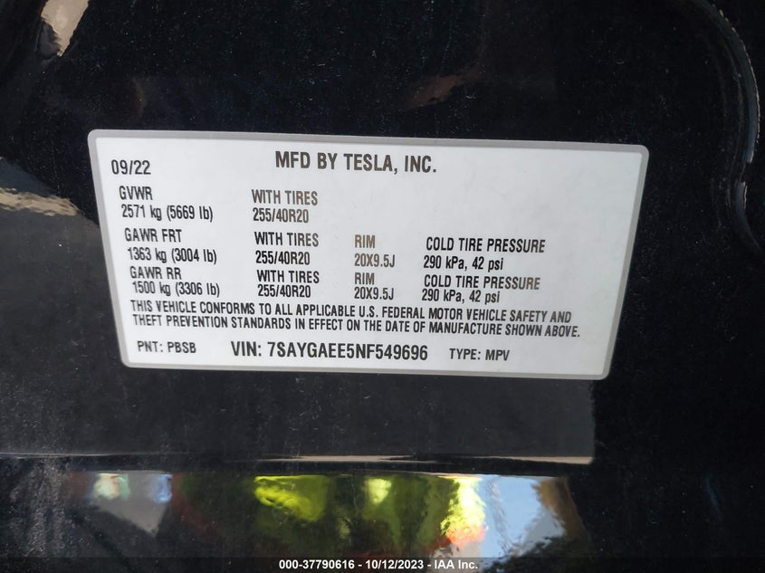 VIN 7SAYGAEE5NF549696 2022 TESLA MODEL Y