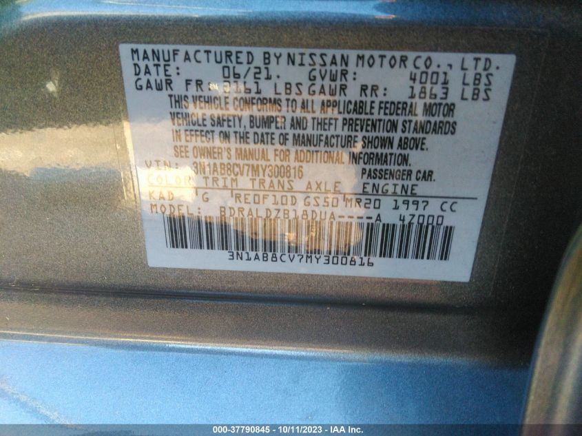 VIN 3N1AB8CV7MY300816 2021 NISSAN SENTRA SV