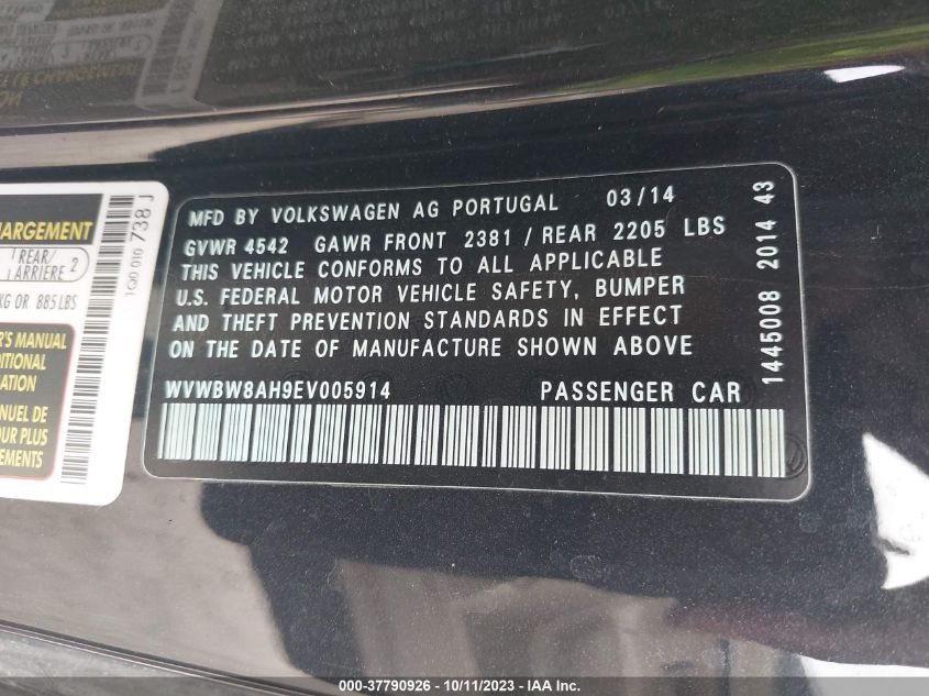 2014 VOLKSWAGEN EOS SPORT WVWBW8AH9EV005914