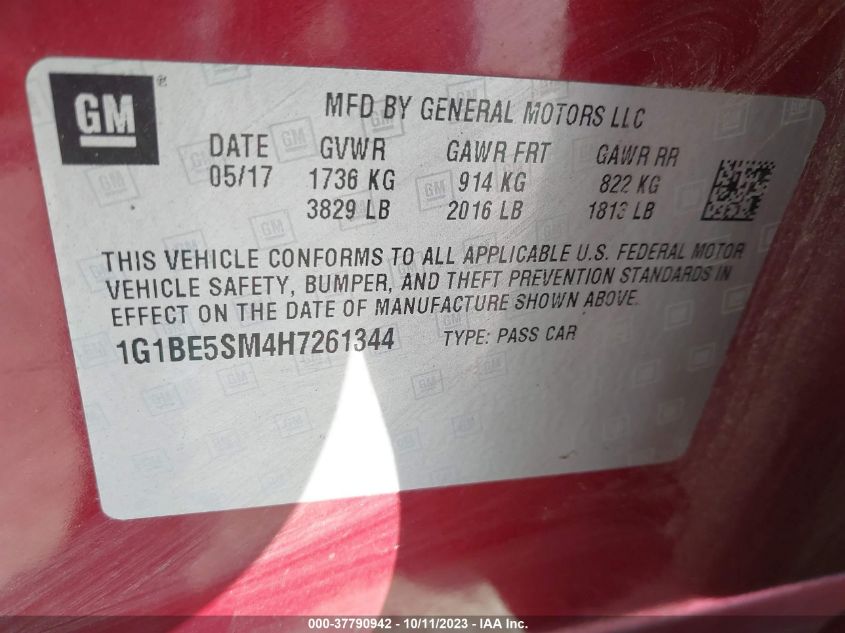 2017 CHEVROLET CRUZE LT - 1G1BE5SM4H7261344