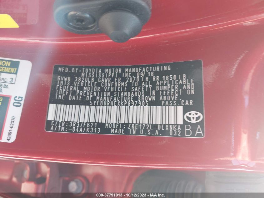 2019 TOYOTA COROLLA L/LE/XLE/SE/XSE - 5YFBURHEXKP897905
