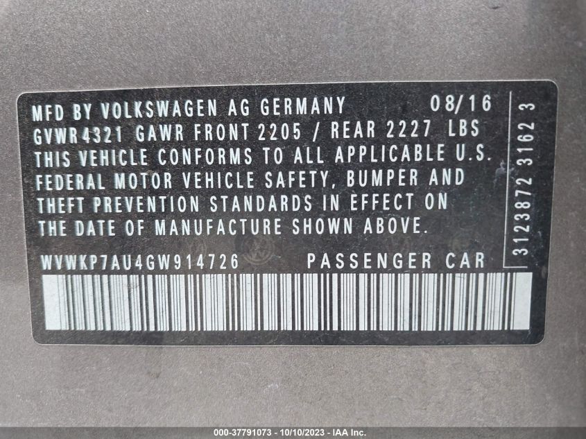 2016 VOLKSWAGEN E-GOLF SE - WVWKP7AU4GW914726