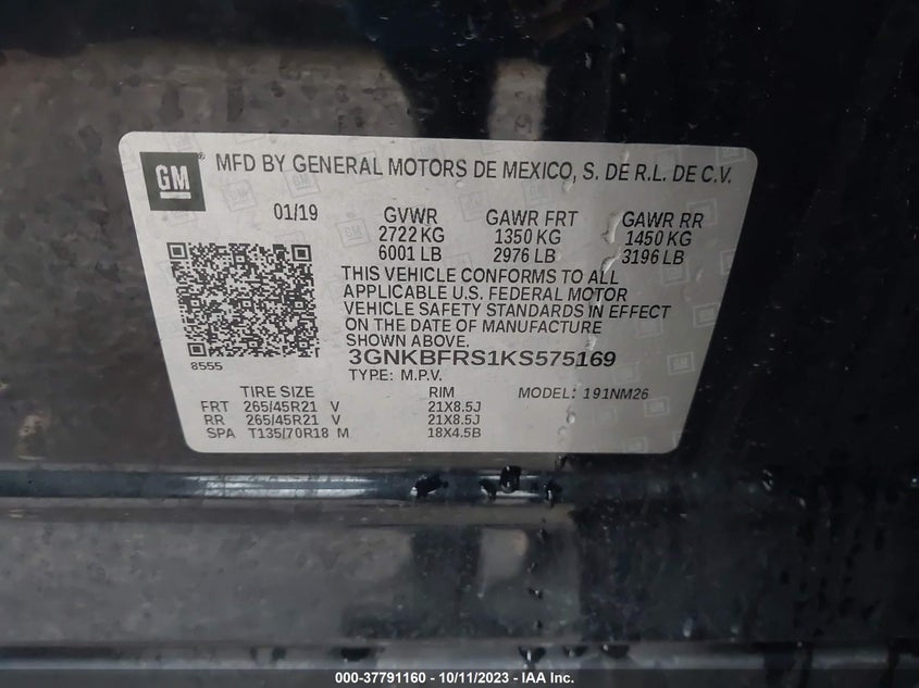 VIN 3GNKBFRS1KS575169 2019 CHEVROLET BLAZER PREMIER