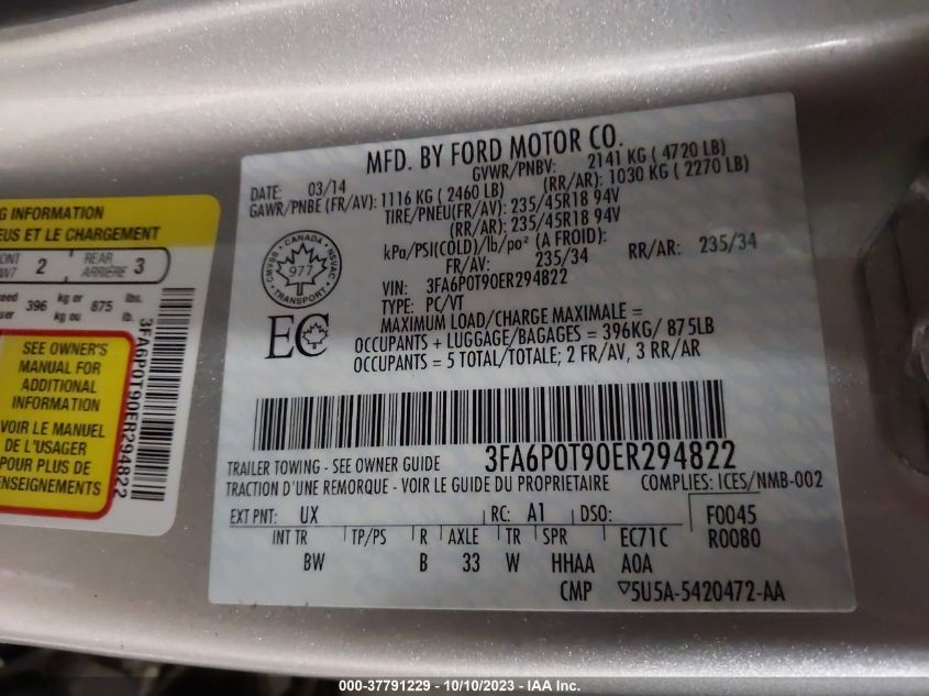 2014 FORD FUSION SE - 3FA6P0T90ER294822