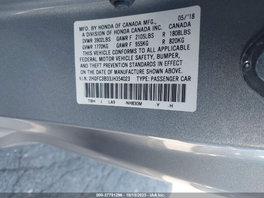 2018 HONDA CIVIC COUPE EX-T 2HGFC3B33JH354023
