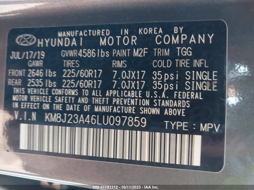 VIN KM8J23A46LU097859 2020 HYUNDAI TUCSON SE