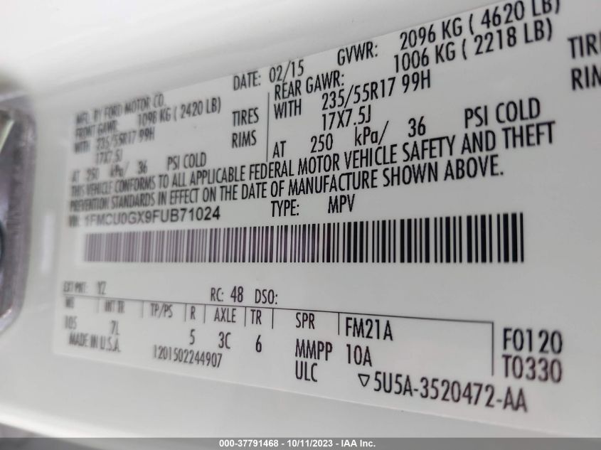 2015 FORD ESCAPE SE - 1FMCU0GX9FUB71024