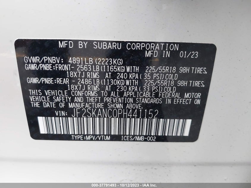 VIN JF2SKANC0PH441152 2023 SUBARU FORESTER LIMITED