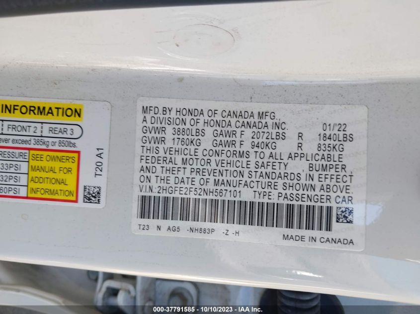 2HGFE2F52NH567101 Honda Civic Sedan SPORT 9