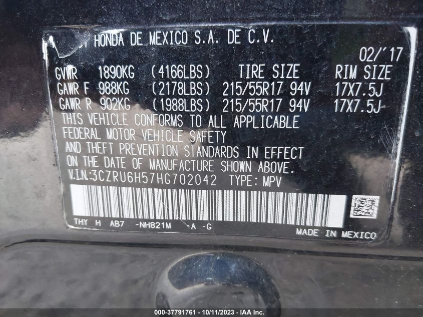 2017 HONDA HR-V EX - 3CZRU6H57HG702042