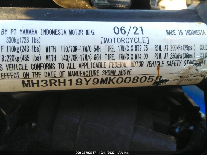 2021 YAMAHA YZFR3 A MH3RH18Y9MK008058
