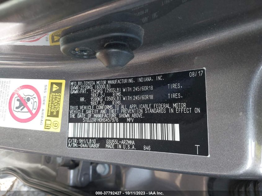 2017 TOYOTA HIGHLANDER XLE/SE - 5TDJZRFH0HS457976