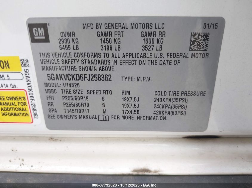 2015 BUICK ENCLAVE PREMIUM - 5GAKVCKD6FJ258362