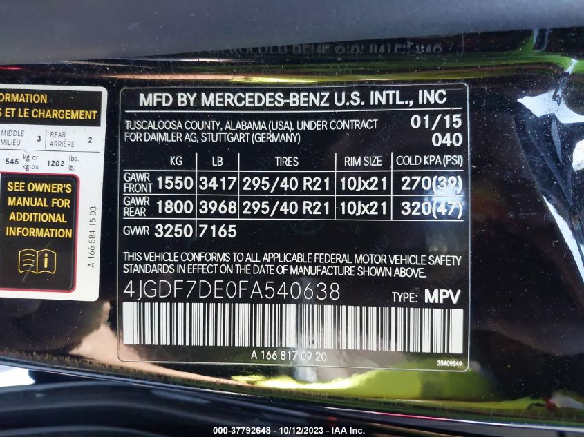 2015 MERCEDES-BENZ GL 550 4JGDF7DE0FA540638