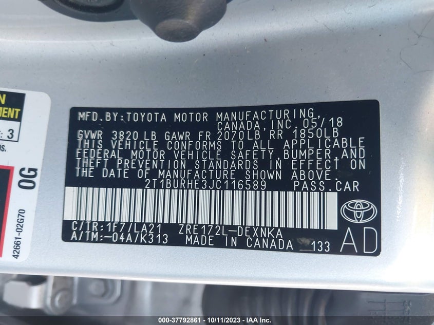 VIN 2T1BURHE3JC116589 2018 TOYOTA COROLLA L/LE/XLE/SE/XSE