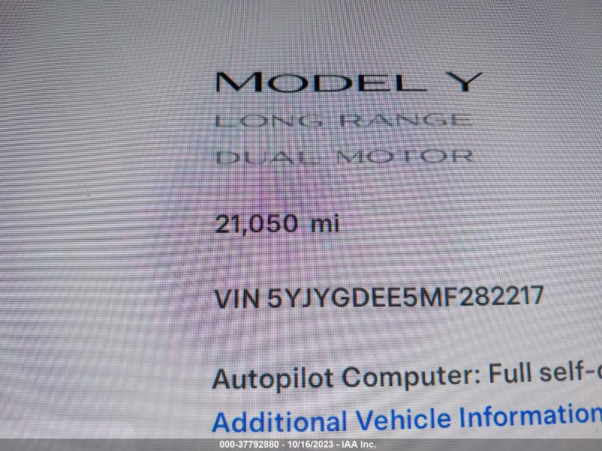 5YJYGDEE5MF282217 Tesla Model Y LONG RANGE 15