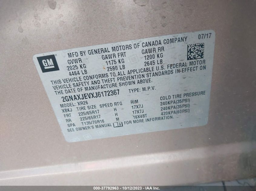 2018 CHEVROLET EQUINOX LT - 2GNAXJEVXJ6172367