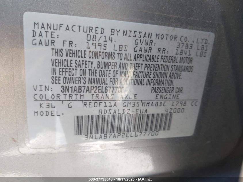 2014 NISSAN SENTRA S/SV/SR/SL - 3N1AB7AP2EL677700