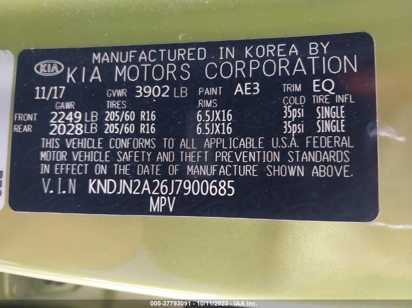 2018 KIA SOUL BASE - KNDJN2A26J7900685
