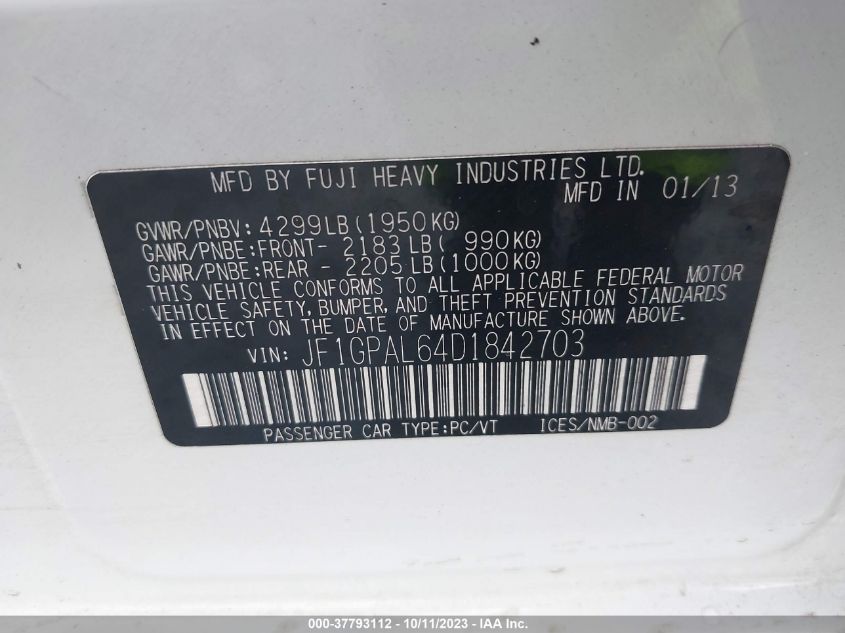 2013 SUBARU IMPREZA WAGON 2.0I SPORT PREMIUM - JF1GPAL64D1842703