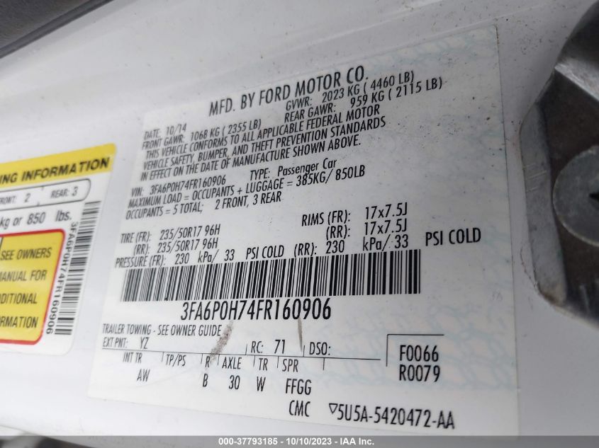 2015 FORD FUSION SE - 3FA6P0H74FR160906