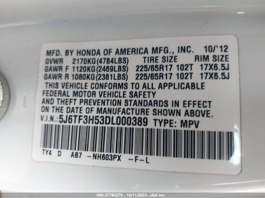2013 HONDA CROSSTOUR EX-L - 5J6TF3H53DL000389
