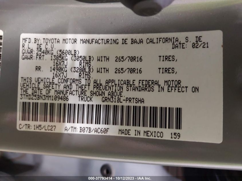 VIN 3TMDZ5BN3MM109486 2021 TOYOTA TACOMA 4WD SR5/TRD SPORT